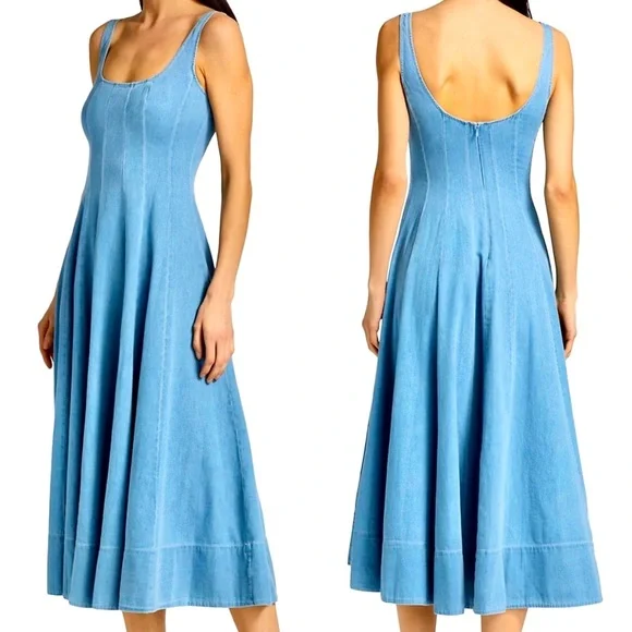 🌺🎉HP🎉🌺 NWT Staud Wells Midi Dress Light Wash Denim - Picture 3 of 16